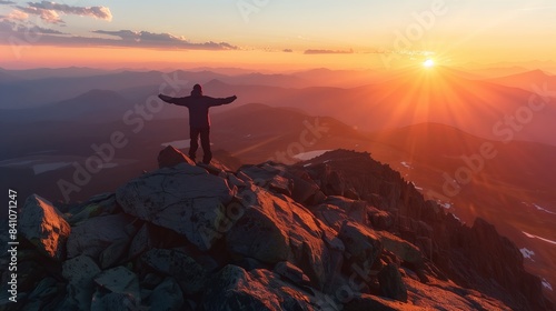 At sunrise on a remote mountaintop, a solitary figure embraces the panorama and rising sun, basking in awe. photo