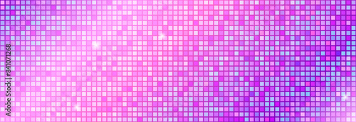 Pink purple disco party seamless pattern. Iridescent sequin mosaic texture background. Abstract shining halftone wallpaper. Pop up comic glitter sparkles backdrop. Retro vector design template