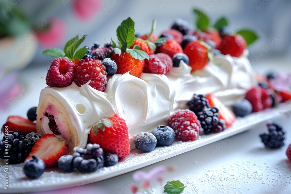 meringue roll with fresh berries - generative ai meringue roll with fresh berries - generative ai