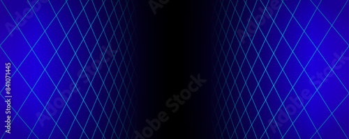 Blue glowing neon wireframe background. Shining vertical grid planes in perspective. Retro futuristic depth wallpaper. Arcade game sci fi diagonal matrix surface backdrop for poster, banner. Vector