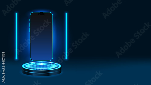 Futuristic Smartphone Levitating on Blue Podium. Smart mobile phone floating in the air with glowing line lamp. Vector.