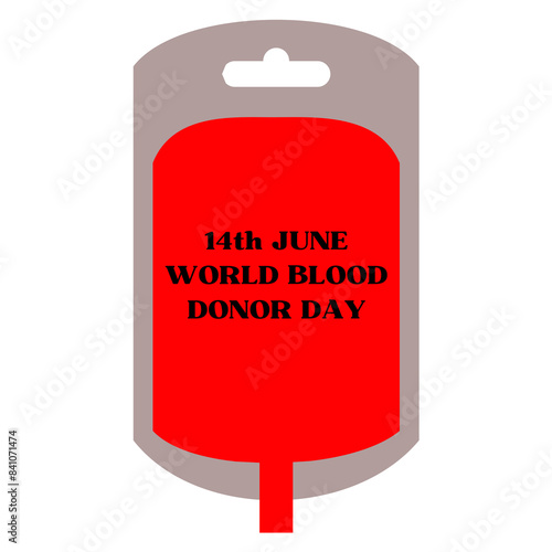 a blood bag, featuring a prominent red background. Text in black on the red area reads 