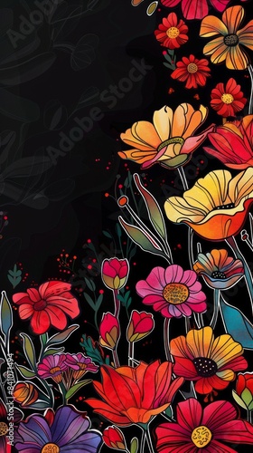 illustration featuring of vibrant flowers in shades of red, yellow, pink, and purple outlined in white against a black background, wallpaper, card, copy space