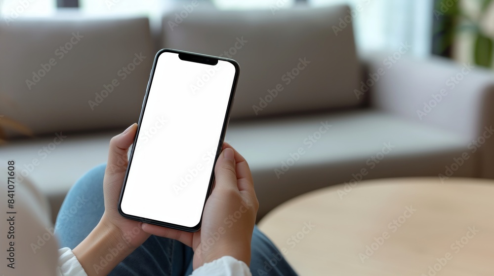 Mockup image of mobile smartphone with blank screen template, woman sitting on sofa, hand holding and looking at mobile phone screen