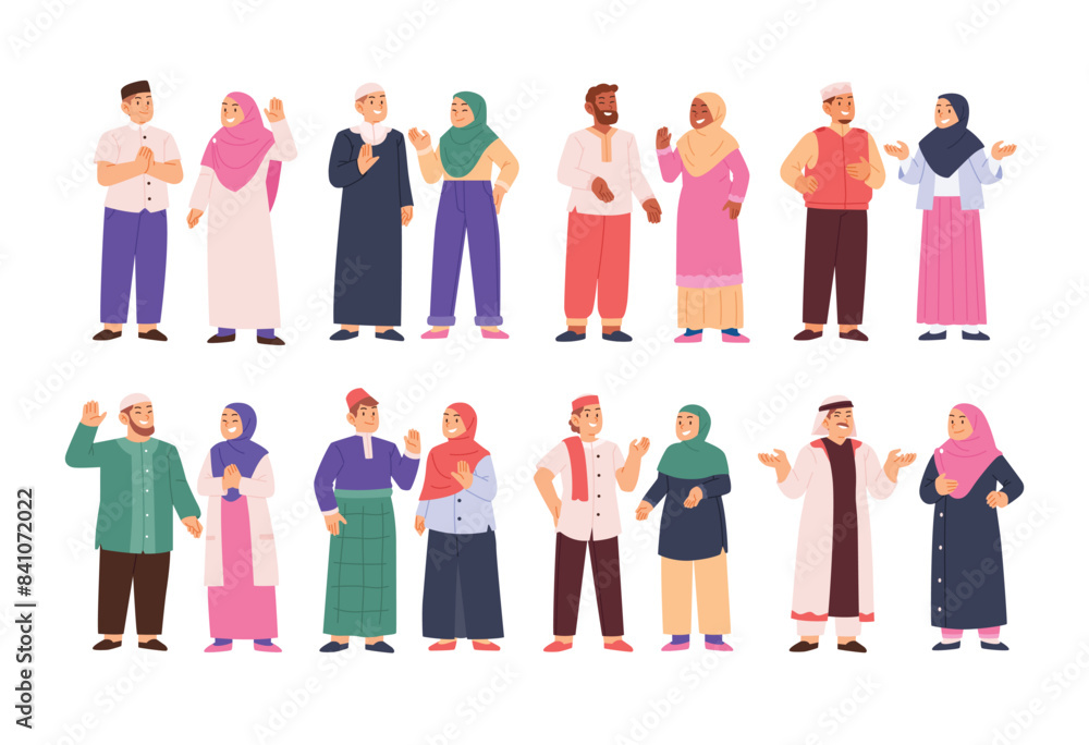 custom made wallpaper toronto digitalSet of islamic muslim people set collection, Set of arabic man and woman in hijab vector flat illustration with traditional outfit, diverse cartoon islam character cartoon vector illustration.