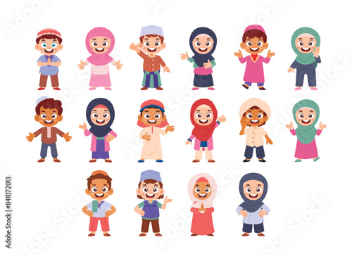 Set of Cute Little Muslim Boy Girl Kid Children with Various Different Poses. Muslim kid greeting salam for ramadan or eid al fitr mubarak character avatar. Isolated Element Objects. 