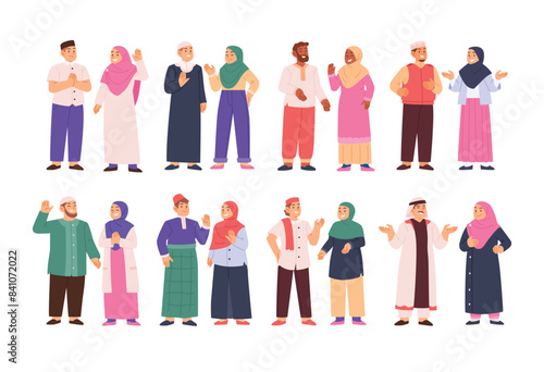 Set of islamic muslim people set collection, Set of arabic man and woman in hijab vector flat illustration with traditional outfit, diverse cartoon islam character cartoon vector illustration.