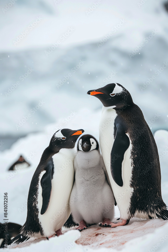 Fototapeta premium Three penguins standing on a snowy rock
