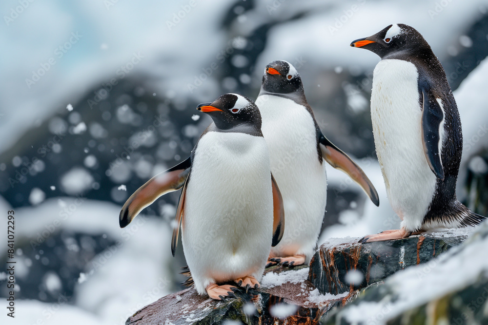 Obraz premium Three penguins standing on a rock in the snow