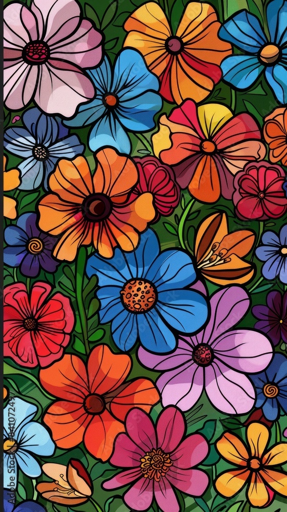 A colorful illustration of a whimsical flower with a variety of bright, quirky colors, wallpaper, card A colorful illustration of a whimsical flower with a variety of bright, quirky colors, wallpaper, card