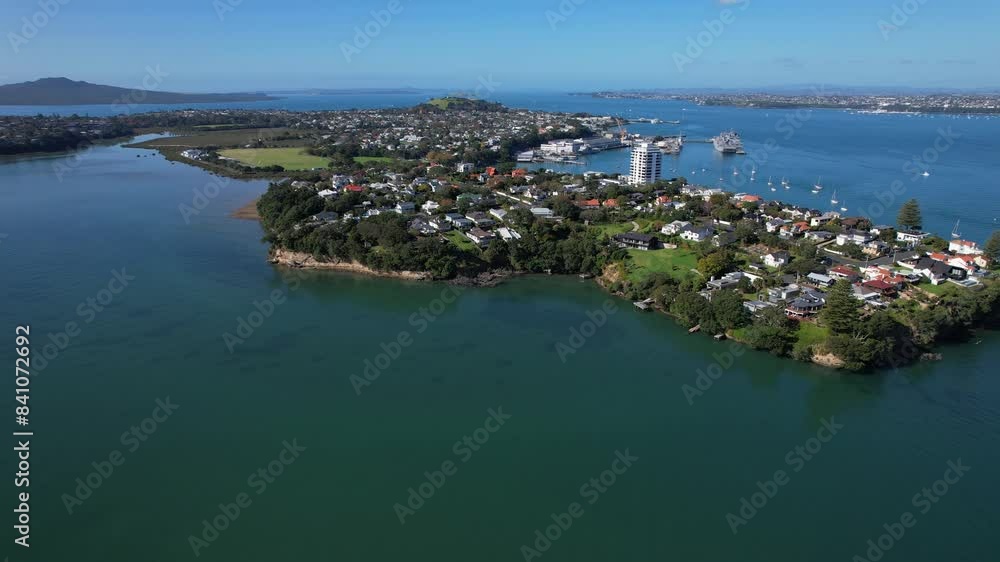 Residential Buildings In Stanley Point Suburb On Stanley Bay In Auckland, New Zealand. aerial shot Residential Buildings In Stanley Point Suburb On Stanley Bay In Auckland, New Zealand. aerial shot