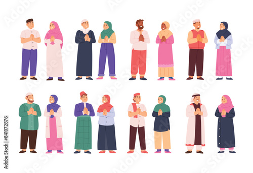 Set of islamic muslim people set collection, Set of arabic man and woman in hijab vector flat illustration with traditional outfit, diverse cartoon islam character cartoon vector illustration.