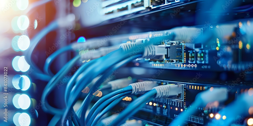 High speed data transfer between equipment in the network of fiber optic cables. The data center had many small blue wires connected to white circuit boards on top of black server cabinets High speed data transfer between equipment in the network of fiber optic cables. The data center had many small blue wires connected to white circuit boards on top of black server cabinets