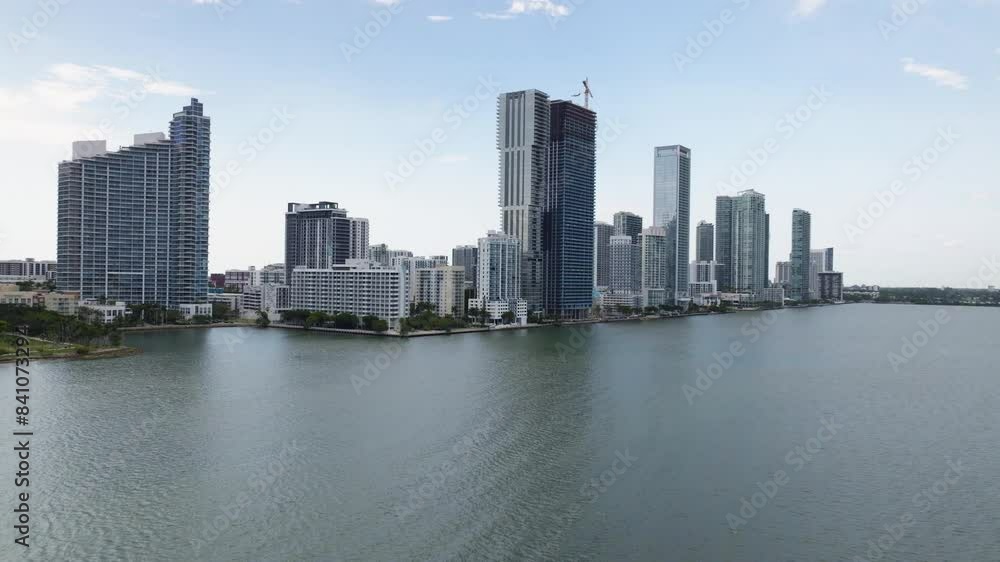 Aerial view rising toward high-rise construction site in Edgewater, Miami, USA Aerial view rising toward high-rise construction site in Edgewater, Miami, USA