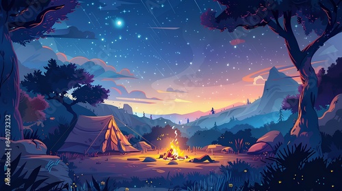 A cartoon scene of a family gathered around a campfire in a national forest reserve, with tents and a starry night sky, enjoying their holiday trip.