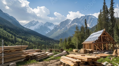 A mountain cabin is being built with cut wood boards, nestled among pine trees with snow-capped peaks behind.