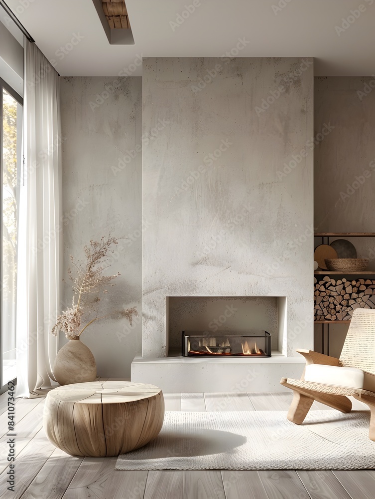 Fototapeta premium Minimalist and Cozy Living Room with Fireplace and Textured Walls