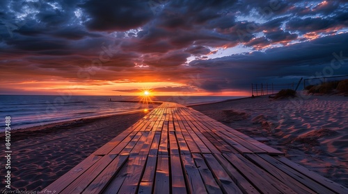 A stunning sunset graces the beach as a wooden boardwalk extends, inviting a peaceful evening stroll. photo