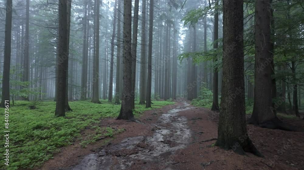 Relax in a magical forest on a foggy wet morning after rain. Tall trees accompany the forest path. The smell of fresh forest after rain in the silence of nature Relax in a magical forest on a foggy wet morning after rain. Tall trees accompany the forest path. The smell of fresh forest after rain in the silence of nature