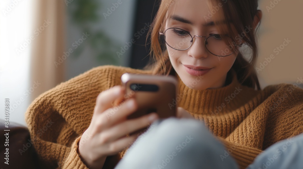 Fototapeta premium Cropped shot of an young woman using smart phone at home. Smiling woman using smartphone at home, messaging or browsing social networks while relaxing on couch