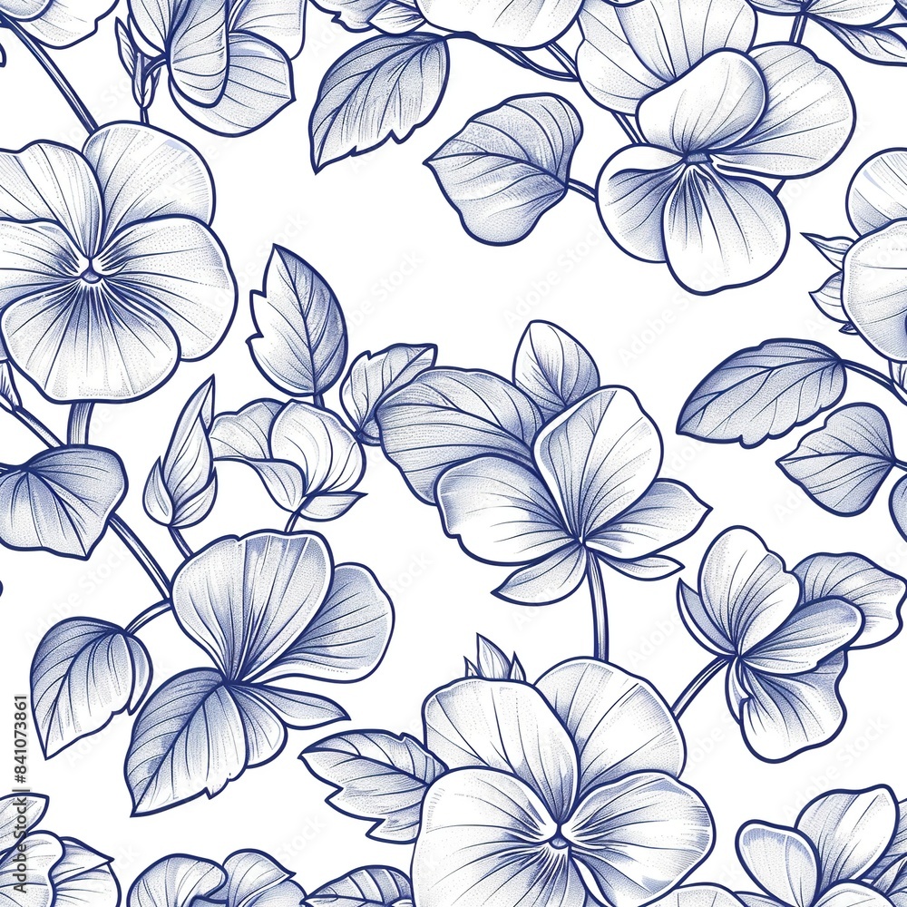 A detailed line drawing of a bunch of violets, featuring small, delicate flowers with heart-shaped leaves, arranged in a natural cluster. Minimal pattern banner wallpaper, simple background, Seamless, A detailed line drawing of a bunch of violets, featuring small, delicate flowers with heart-shaped leaves, arranged in a natural cluster. Minimal pattern banner wallpaper, simple background, Seamless,