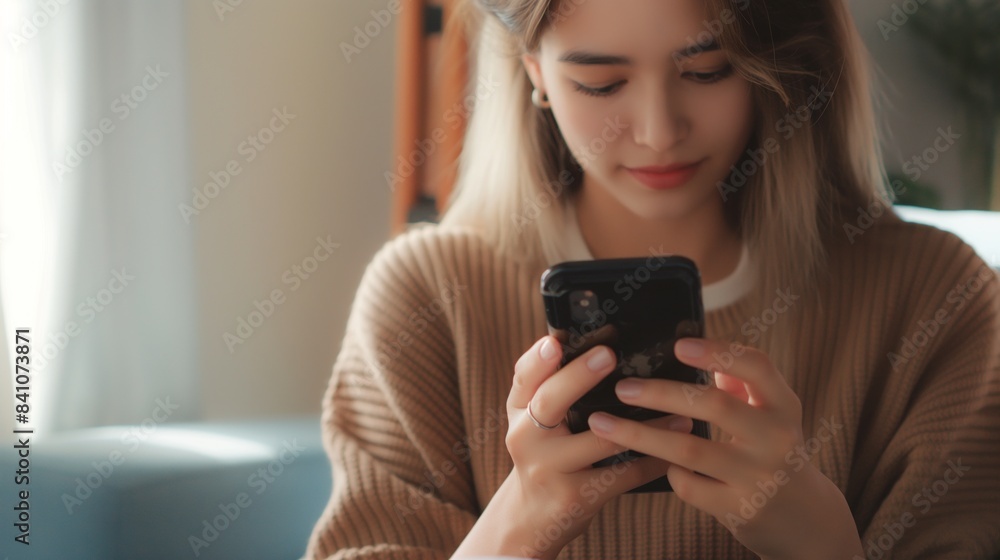 Cropped shot of an young woman using smart phone at home. Smiling woman using smartphone at home, messaging or browsing social networks while relaxing on couch Cropped shot of an young woman using smart phone at home. Smiling woman using smartphone at home, messaging or browsing social networks while relaxing on couch