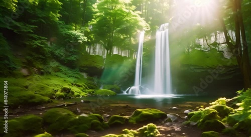 waterfall flowing into amazing natural pond photo