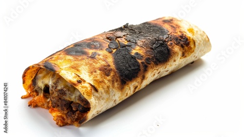 overcook burnt burrito Isolated on white background. food waste concept for designer photo