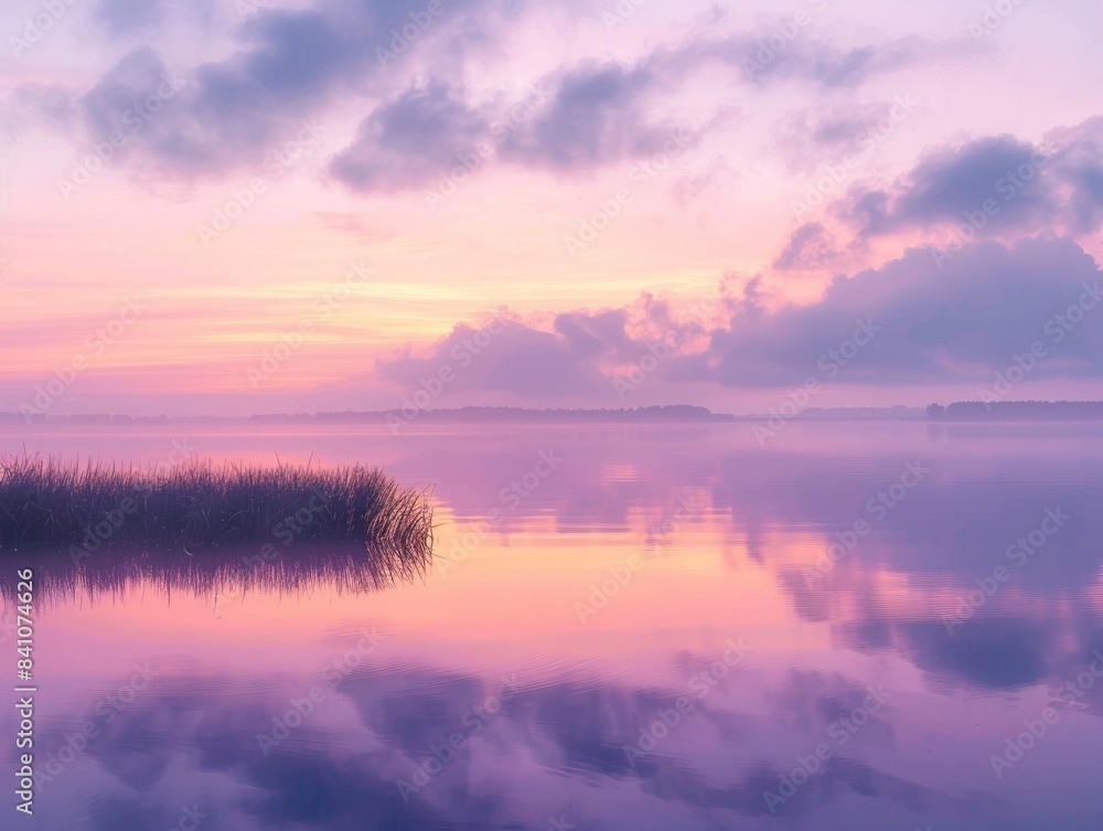 Fototapeta premium A beautiful sunset over a lake, casting a pink and purple glow on the water.