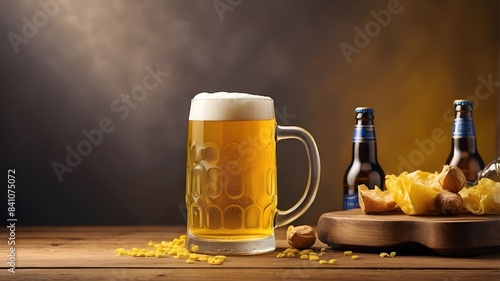 AI-generated image of International Beer Day including a splash mug of beer, copy space text, and a yellow background photo