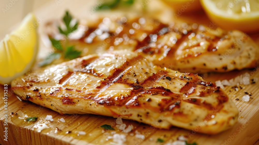 Grilled Chicken Breast on Wooden Board with Lemon and Herbs - Perfectly Cooked and Seasoned for a Delicious Meal Grilled Chicken Breast on Wooden Board with Lemon and Herbs - Perfectly Cooked and Seasoned for a Delicious Meal
