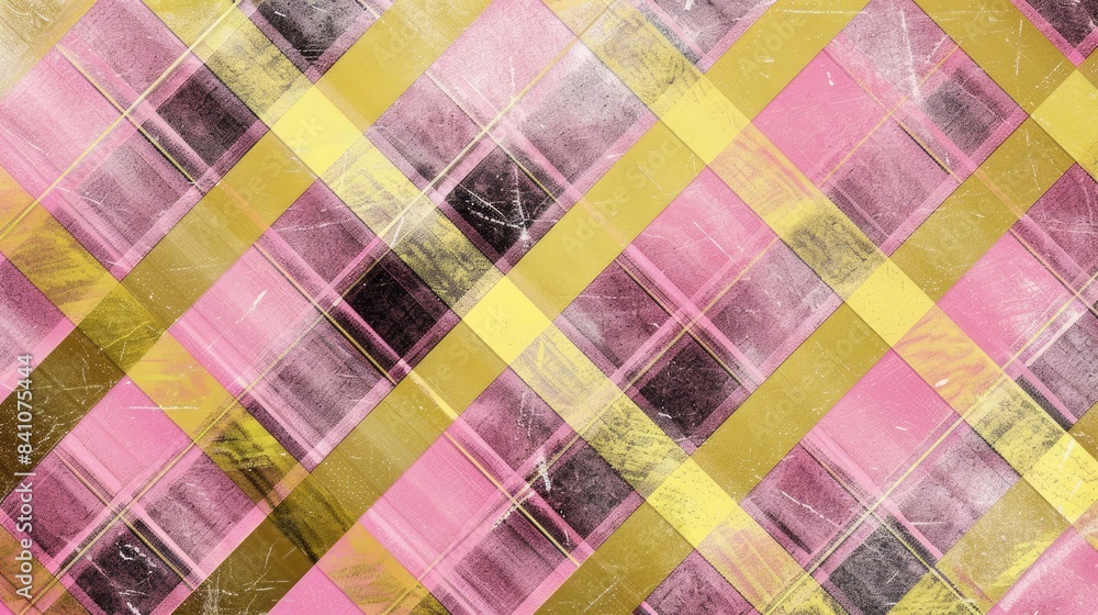 Fototapeta premium Hand Drawn Background with Gold and Pink Plaid Pattern