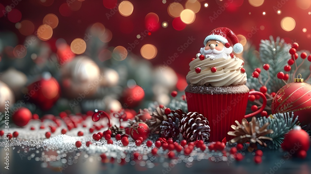 Funny santa cupcake with hot drink on Christmas banner, festive decoration ornament and twinkling light background creating a joyful festive season holiday mood. Cute romantic seasons wallpaper poster Funny santa cupcake with hot drink on Christmas banner, festive decoration ornament and twinkling light background creating a joyful festive season holiday mood. Cute romantic seasons wallpaper poster