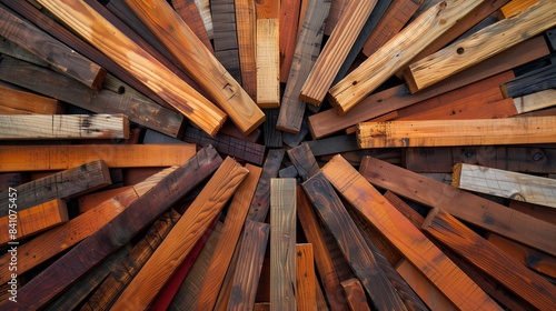 A captivating overhead shot of wood boards arranged radially highlights their rich grain, color, and beauty. photo