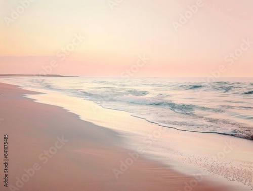 The setting sun casts a warm glow on the beach.