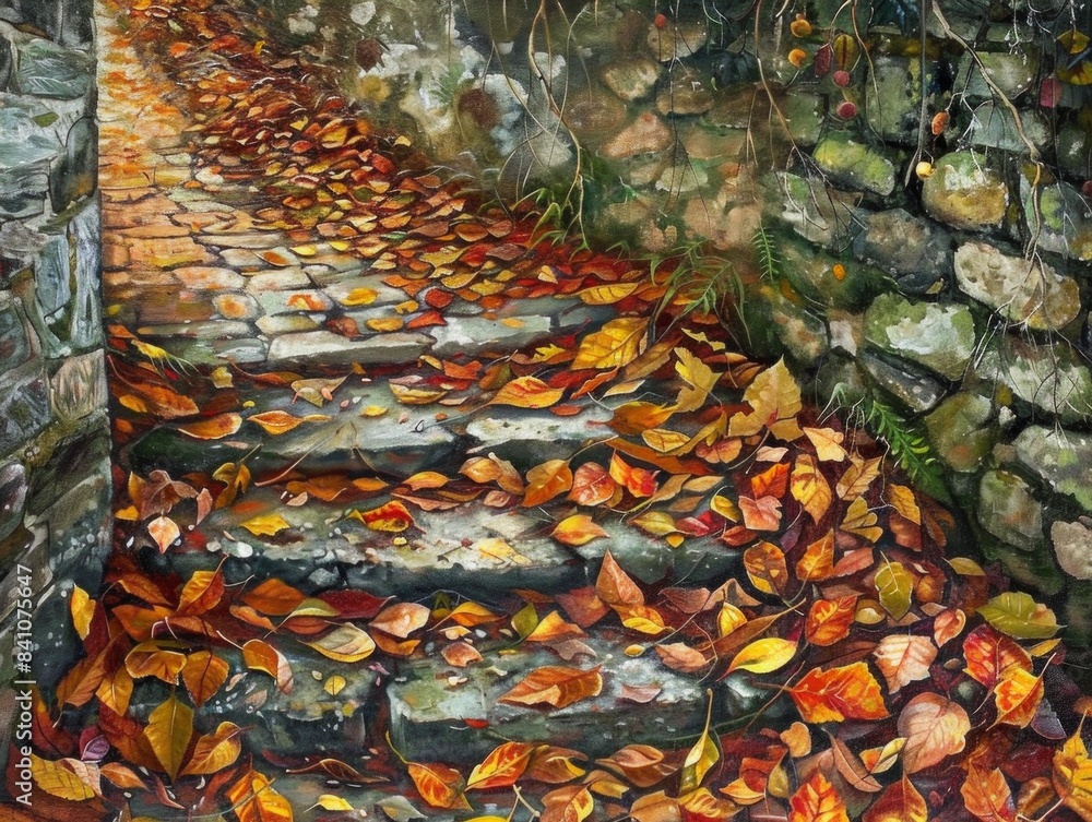 colorful leaves on the stone step colorful leaves on the stone step