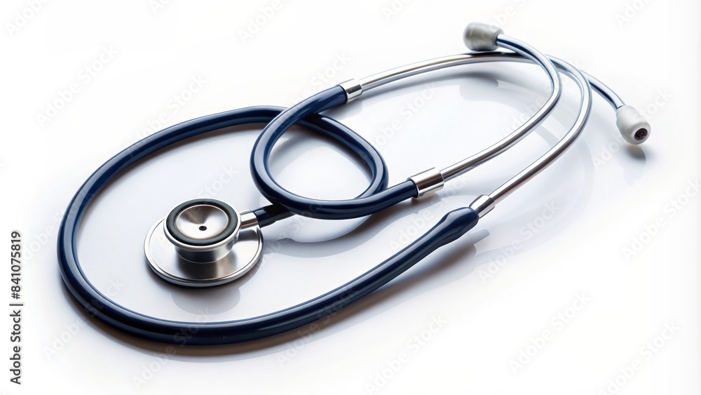 High-quality stethoscope lying on a clean, isolated white background, with a top view perspective, offering ample space for text overlay or graphic design elements. High-quality stethoscope lying on a clean, isolated white background, with a top view perspective, offering ample space for text overlay or graphic design elements.