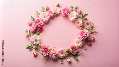 Delicate pink flowers arranged in a beautiful wreath shape on a soft pink background, providing ample copy space, captured in a flat lay top view.