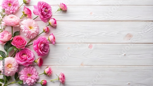 Beautiful pink flowers gently arranged on a white wooden surface, creating a stunning spring-inspired flat lay with ample copy space, perfect for seasonal designs.