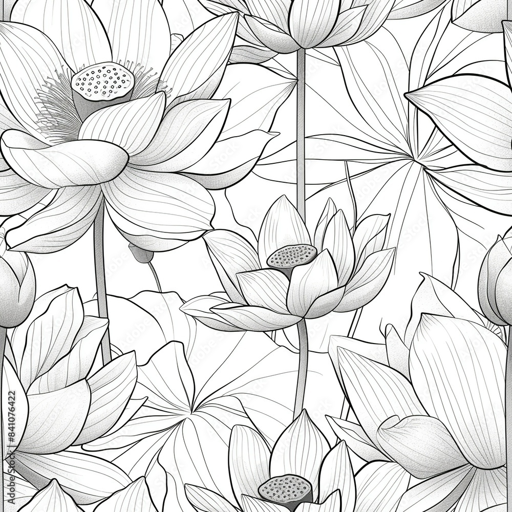 A drawing of a lotus flower in line art, with its large, overlapping petals and central pod, emphasizing the flower’s serene beauty. Minimal pattern banner wallpaper, simple background, Seamless, A drawing of a lotus flower in line art, with its large, overlapping petals and central pod, emphasizing the flower’s serene beauty. Minimal pattern banner wallpaper, simple background, Seamless,