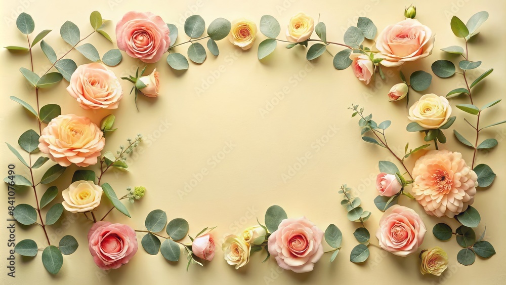 Delicate frame composed of intricately arranged rose flowers and eucalyptus branches on a soft pastel yellow background, providing ample copy space for text or design elements. Delicate frame composed of intricately arranged rose flowers and eucalyptus branches on a soft pastel yellow background, providing ample copy space for text or design elements.