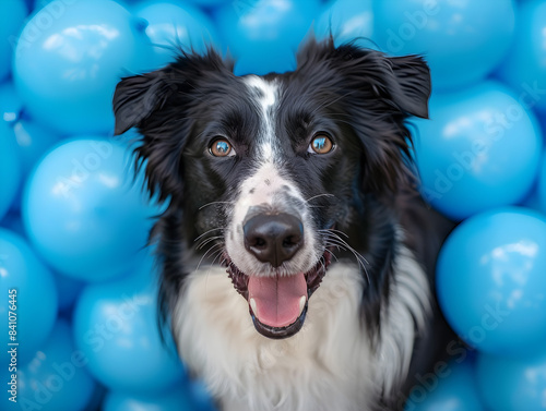 A happy border collie dog is surrounded by blue balloons, creating a cheerful and playful atmosphere. This image can be used for celebration, birthday, or party-related content © NE97