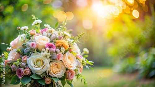 Delicate flowers and lush greenery surround a beautiful bouquet in a serene outdoor setting with a blurred natural background and ample copy space available.