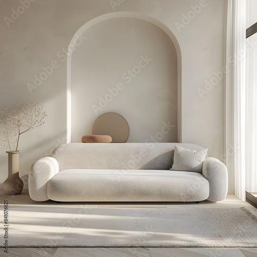Minimalist Living Room with Arched Window and Neutral Tones