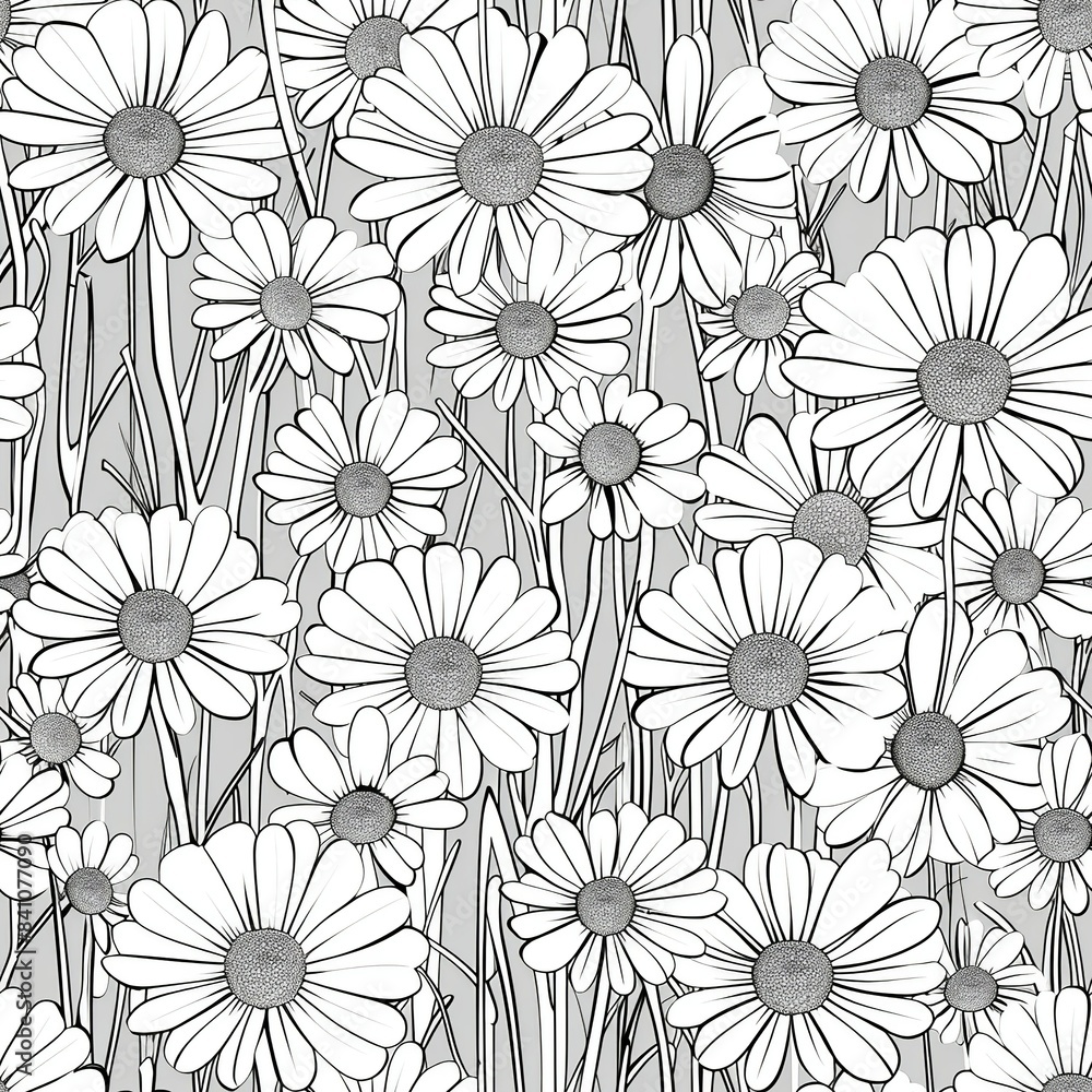 A line art depiction of a field of daisies, with each flower and its delicate petals uniquely rendered to create a sense of depth and movement. Minimal pattern banner wallpaper, simple background, A line art depiction of a field of daisies, with each flower and its delicate petals uniquely rendered to create a sense of depth and movement. Minimal pattern banner wallpaper, simple background,