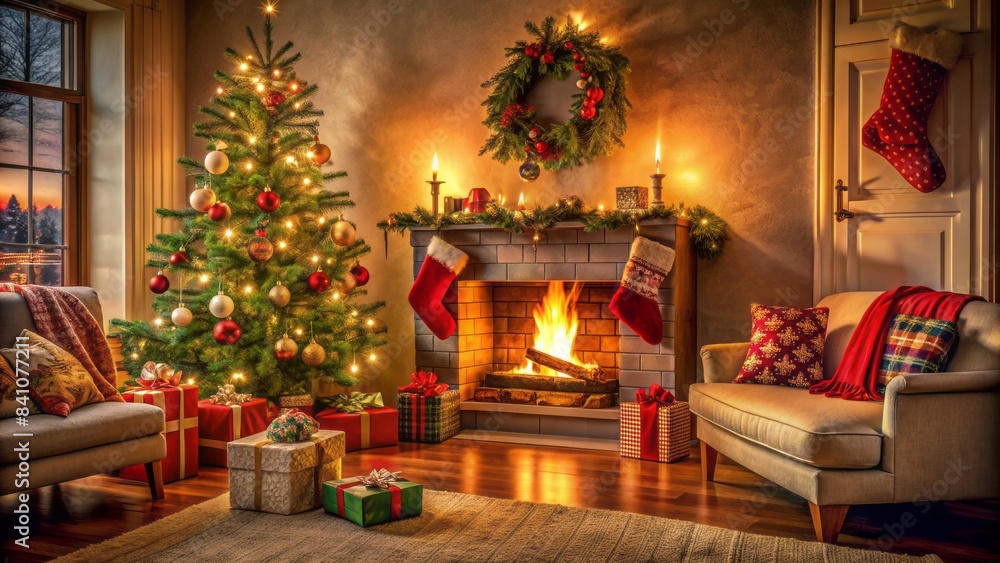 Warmly lit fireplace with stockings hung, surrounded by beautifully decorated living room, christmas tree, and scattered gift boxes on a cozy winter evening. Warmly lit fireplace with stockings hung, surrounded by beautifully decorated living room, christmas tree, and scattered gift boxes on a cozy winter evening.