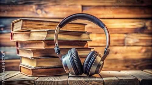 A sleek, modern headphone rests on a stack of worn, vintage books, surrounded by scattered pages, evoking a sense of immersive audiobook listening. photo