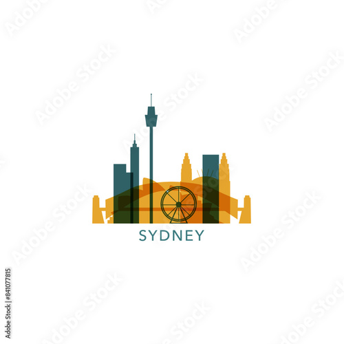 Sydney skyline, downtown panorama logo, logotype. Australia megapolis city badge contour, isolated vector pictogram with bridge, tower, monuments, landmarks, skyscrapers