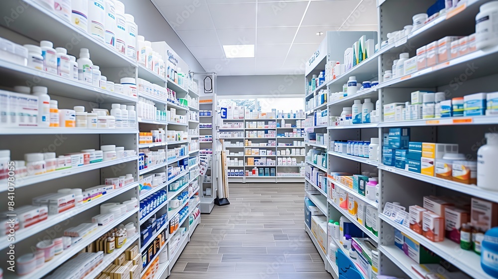 A modern pharmacy with well-stocked shelves of medications and health products offers excellent care.