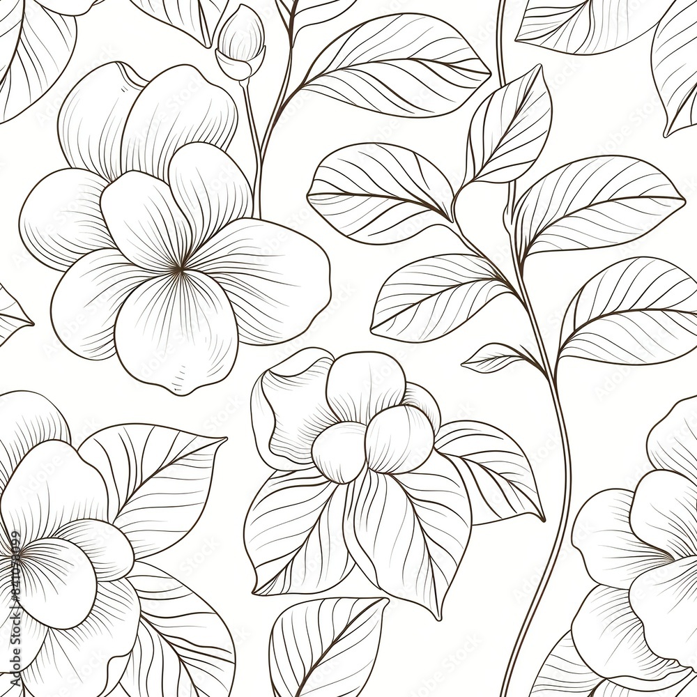 A line art illustration of a camellia flower, with its perfectly symmetrical petals and glossy leaves, highlighting the flower’s refined beauty. Minimal pattern banner wallpaper, simple background, A line art illustration of a camellia flower, with its perfectly symmetrical petals and glossy leaves, highlighting the flower’s refined beauty. Minimal pattern banner wallpaper, simple background,